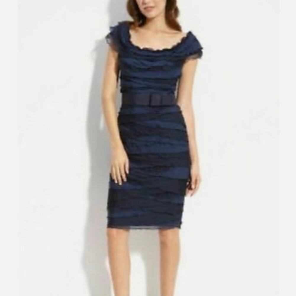 Tadashi Shoji 100% Silk Navy Tiered Ruffle Cocktail Dress Belted Sz 14 MK85851M